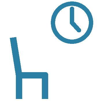 The image is a stylized icon featuring a person sitting in a chair with their legs crossed, holding a book and wearing glasses. Above the character is an illustration of a clock with its hands at 12 00, indicating the time as noon. The background is white, and there are no texts or additional elements present. This image appears to represent a concept related to studying, reading, or working during lunchtime or breaks, symbolized by the combination of the chair, book, and clock.